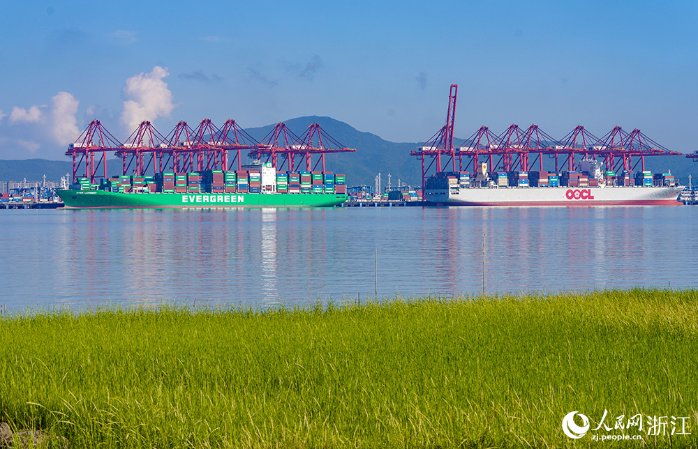 寧波舟山港梅山港區遠控設備集群數量居全國同類碼頭首位，“5G+北斗”應用設備數量位居全國集裝箱碼頭前列。人民網 章勇濤攝