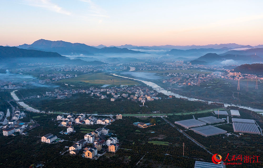 近日，在臺州市黃巖區柑橘博覽園，金燦燦的橘子掛滿枝頭，與民房、田野相互映襯，呈現出一派豐收景象。人民網 章勇濤攝
