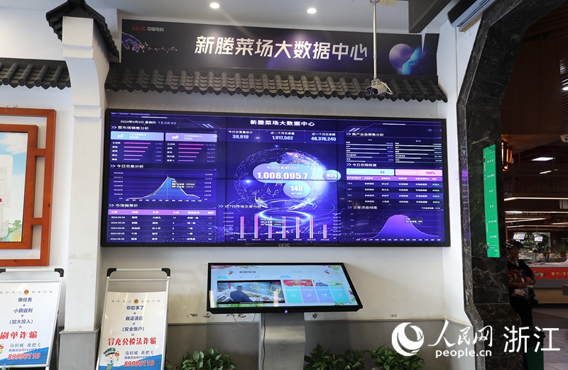 新塍菜場入口處的智慧菜場大屏。人民網 方彭依夢攝