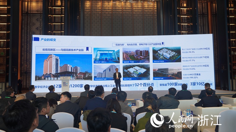 桐鄉市委副書記、市長王堅介紹烏鎮“國際互聯網小鎮”新變化。人民網 方彭依夢攝