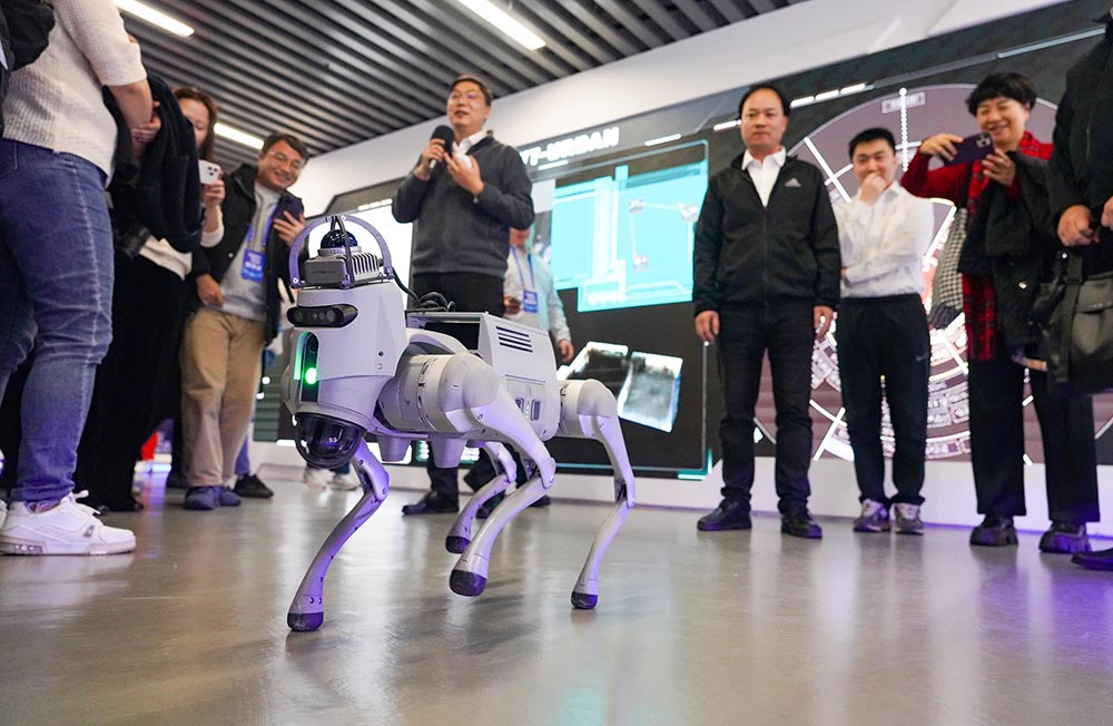 3月17日，在杭州未來科技城，八維通空間智能技術訓練后的機器狗正在自主搜尋滅火設備。章勇濤攝