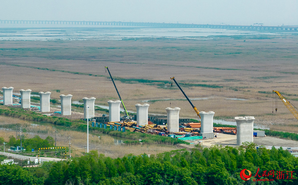 通蘇嘉甬高鐵寧波前灣新區段項目建設現場，建設者正在加緊作業。人民網 章勇濤攝
