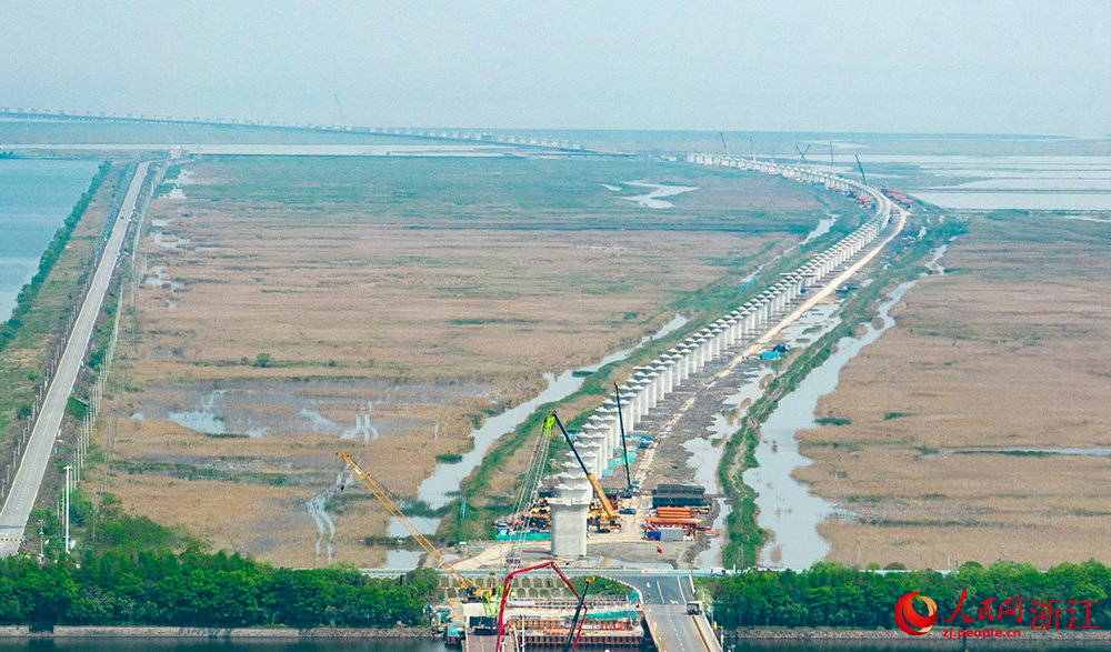 通蘇嘉甬高鐵寧波前灣新區段項目建設現場，建設者正在加緊作業。人民網 章勇濤攝