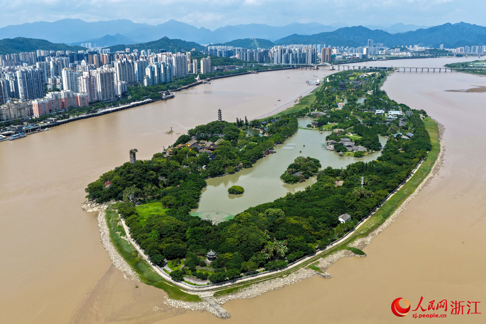 空中俯瞰浙江溫州江心嶼，如碧玉鑲嵌甌江。人民網 章勇濤攝
