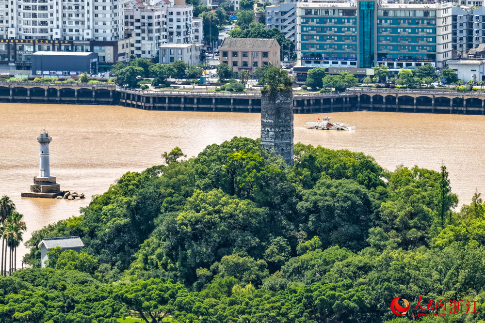 空中俯瞰浙江溫州江心嶼，如碧玉鑲嵌甌江。人民網 章勇濤攝